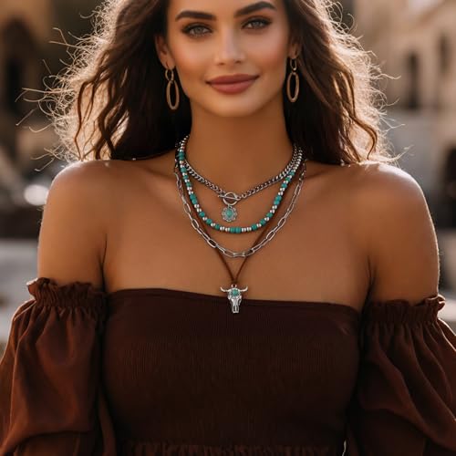 Western Necklaces Boho Layered Charm Necklace for Women Turquoise Beaded Choker Ox-head Pendant Necklace Western Jewelry for Women Cowgirl Accessories2