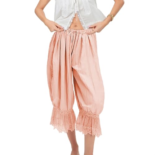 Image of KOSUSANILL Women Long Bloomer Pants Lace Trim Ruffle Pantaloons Cropped Lounge Pajama Bottoms Y2K Capri Pettipants