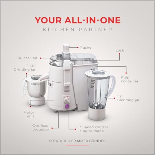 Sujata Powermatic Plus Juicer Mixer Grinder|900 Watts Double Ball Bearing Motor|22000 RPM|Non-Stop 90 Mins Running|2 Jars including 1750ml Blender, 1000ml Grinder Jar| (White) view 2