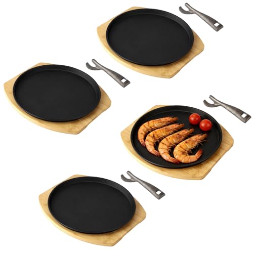 ZALIR 4 Set Sizzling Steak Plates 9 in Round Cast Iron Steak Plate with Wooden Serving Tray and Heat-Resistant Clip Fajita and Teppanyaki Grill Plate for Cooking Grilling Serving