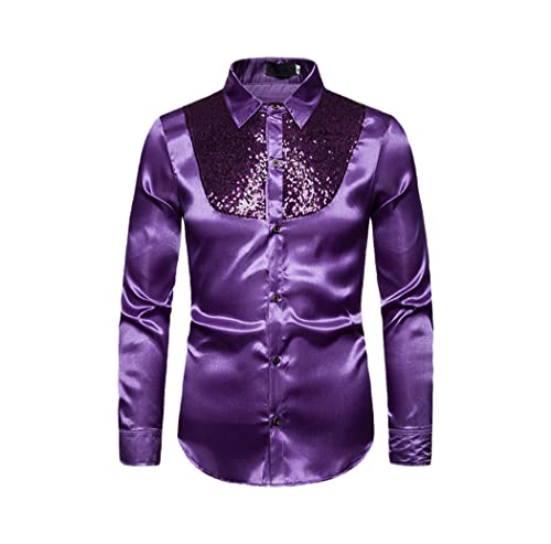 Chemise en satin de soie violette avec paillettes dorées élégante pour homme XL