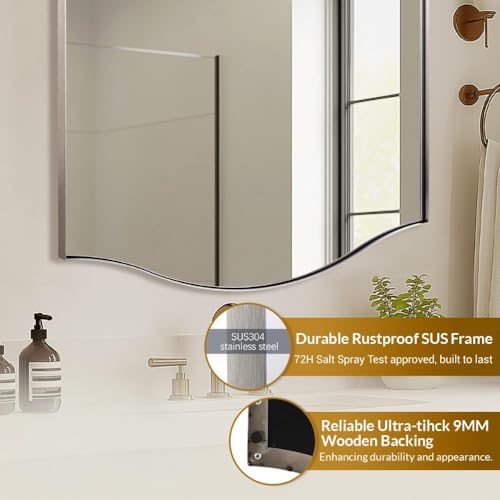 Image of ANDY STAR Scalloped Bathroom Mirror,24 inchx32 inch Brushed Nickel Rectangle Wall Mirror with Curved Edge Stainless Steel Metal Frame, Silver Vanity Wall-Mounted Mirror for Bathroom, Entryway