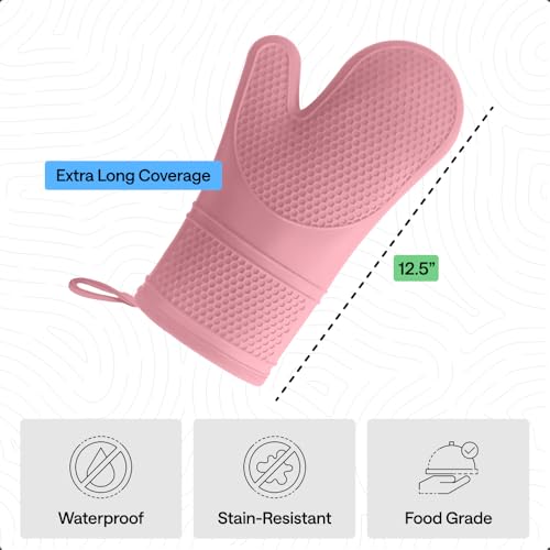 Image of GORILLA GRIP BPA-Free Soft Silicone Oven Mitts, 550F Heat Resistant Waterproof Cooking Safety Gloves, Thick Cotton Lining, Flexible Gripping for BBQ Grilling, Kitchen Potholders Set, 12.5x8.3, Pink