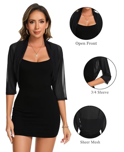 Image of MINTLIMIT Women's Elegant Sheer Mesh Shrug Bolero Batwing 3 /4 Sleeve Open Front Cropped Cardigan Shrugs for Evening Dress