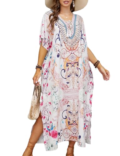 Snyemio Strandkleid Damen Große Größen Strand Kaftan Sommer Lange Leicht Bunt Blumendruck Sommerkleid Maxikleid,Farbe 7,Einheitsgröße