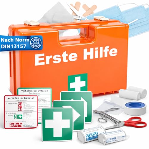 Botiquín de primeros auxilios - Caja DIN 13157 para pared, hogar y empresa - y 5 pegatinas - botiquín de primeros auxilios naranja - incl. montaje en pared
