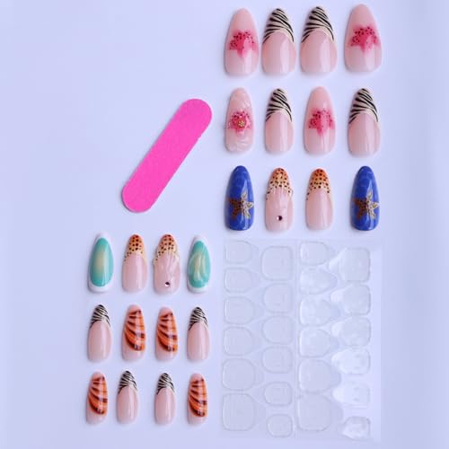 Image of French Tip Press on Nails with Starfish Flower Design Fake Nails Zebra Pattern Stick on Nail Glossy Full Cover Medium Almond False Nail for Women Manicure 24Pcs