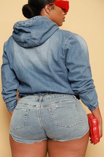 Women's Plus Size Half Zip Denim Hoodie Sweatshirt Pullover Jacket Jean Tops with Pockets2