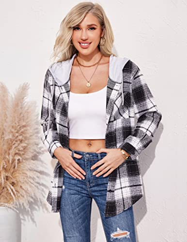 Hotouch Flannel Jacket For Women Oversized Plaid Shirts Button-Up Hoodie With Chest Pocket Black And White Xl #TOP2