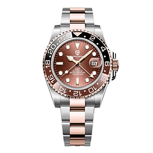 Pagani Design GMT Herren 40 mm Automatikuhr Saphirglas Edelstahl 100 Wasserbeständigkeit Analoguhr Mechanische Herrenuhren Geschenkuhr für Herren(Goldfarben)