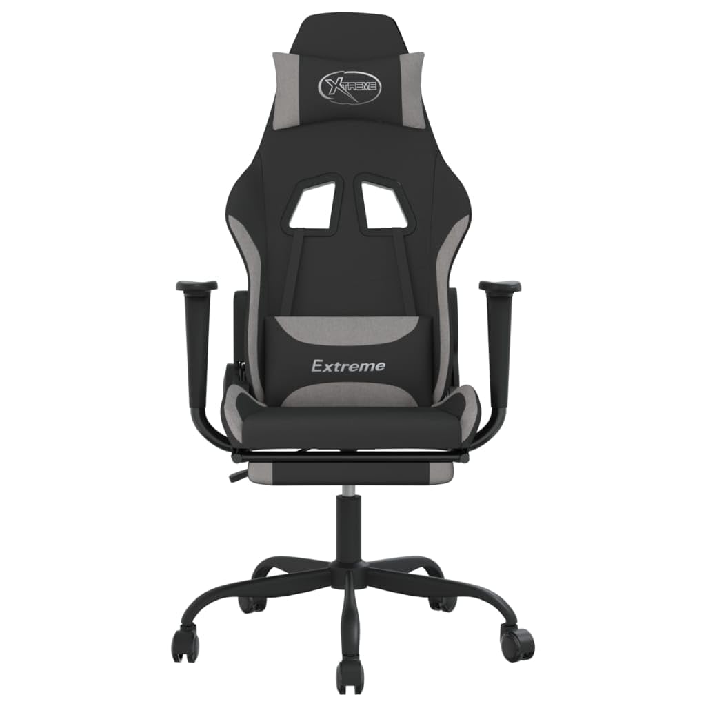 Fotel gamingowy z funkcją masażu i podnóżkiem, ergonomiczne krzesło biurowe z materiału w kolorze czarnym i jasnoszarym, regulacja wysokości z funkcją przechylania i regulowanym oparciem