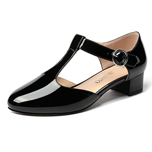 MODENCOCO Women's Round Toe Patent Buckle Dating Fashion T Strap Chunky Low Heel Pumps Dress Shoes 1.5 Inch