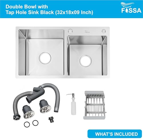 Image of Fossa 32 inch x18 inch x 09 inch Inch Premium Stainless Steel Double Bowl Kitchen Sink with Tap Hole, Drain Basket, Soap Dispenser, Drain, Round Coupling - Topmount Sink for Campervan or Silver (Matte Finish)