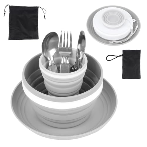 Jonuin Set di Stoviglie da Campeggio per 1 Persona, Kit da campeggio con Ciotola in Silicone, Piatto, Coltello, Cucchiaio, Forchetta e Tazza, Set da Campeggio Pieghevole per Picnic, Viaggi e Trekking