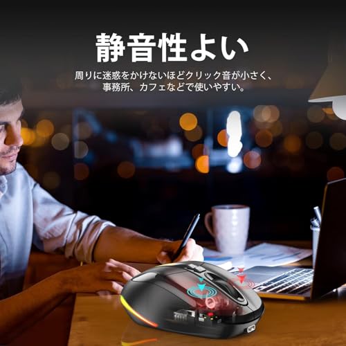 マウス bluetooth 充電式 FMOUSE 静音マウス ワイヤレス マウス ７色呼吸ライト ミュート機能 デスクトップ戻る機能 4DPIモード 最大2400DPI 5ボタン 軽量 Windows/Surface/Microsoft Pro/Geogle/iPhone/iPad/Mac対応 日本語取扱説明書付き