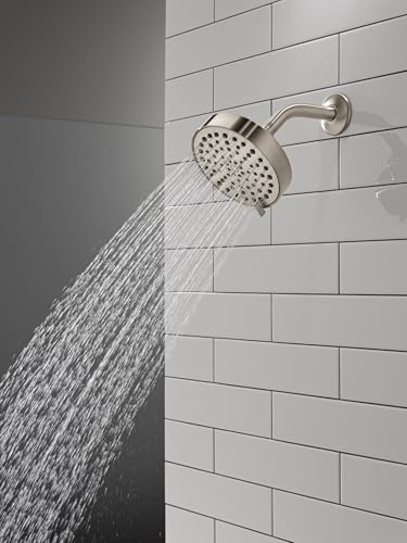 Image of Delta Modern 4-Setting Brushed Nickel Shower Head, 5.75 Inch Round Shower Head, 1.75 GPM Flow Rate, Satin Nickel 52401-SN