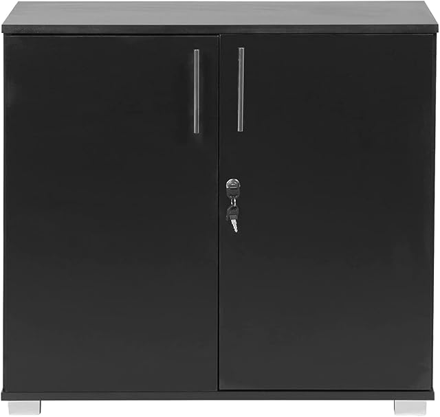 MMT Furniture Designs Black Office Storage Cupboard Desk Height 2 Door Bookcase with Lock 73cm Tall Desktop Extension Height