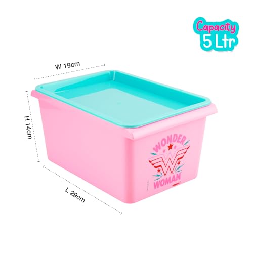 Image of Nayasa Stack N Store Wonder Women, Small, 5 ltrs | DC Superhero Print Plastic Storage Boxes Set of 3 with Lid | Side Handles | Stackable Multipurpose Organizers | Strong & Durable | Pink
