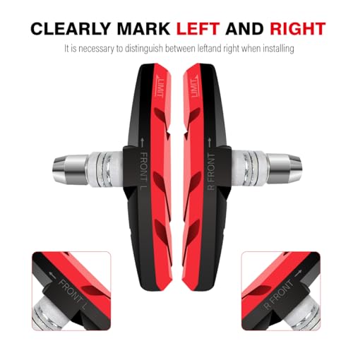 CNC 2 Pairs Bicycle V-Brake Pads, Bike 70mm V Brake Blocks Set, Cantilever Brake Pads Shoes for Mountain, Road, Kids, MTB, Children's, Cycle Bike Rim, Red Black