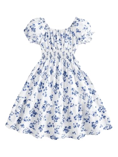 Floerns Girl's Boho Floral Print Puff Short Sleeve A Line Dress Ruffle Hem Summer Dresses