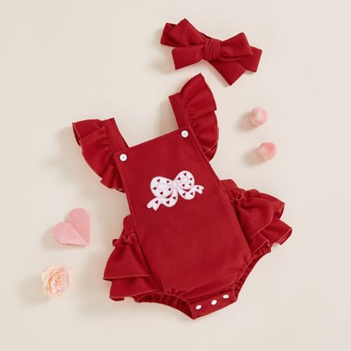 Adobabirl Baby Girl Ruffle Romper Dress Sleeveless Bowknot Embroidery Jumpsuit Valentines Outfit Newborn Clothes2
