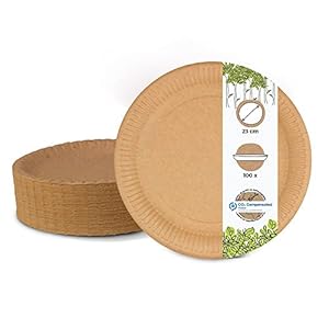 BIOZOYG Piatti di Carta Marrone Rotondi 23 cm Ø – Usa e Getta Robusti, Stoviglie Riciclabili Ecologici Biodegradabili – 100 Pezzi