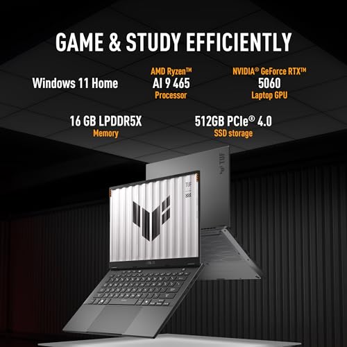 Image of ASUS TUF A14 (2026),AMD Ryzen AI 9 465,RTX 5060-8GB,16GB RAM,512GB SSD,FHD+,14 inch(35.5 cm),165Hz,Windows 11 Home,M365 Basic(1Y),Office 2024,Jaeger Gray,1.4 Kg,FA401GM-RG038WS,Gaming Laptop