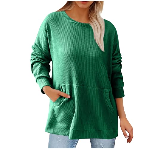 FOCLMP Womens Waffle Knit Sweatshirt Casual Crewneck Pullover Tops Shirts Sweatshirts Loose Fiting Fall Trendy Clothes 2024 Comfort Hoodies for Anxiety Green S