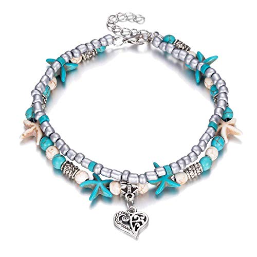 Image of Softones Blue Starfish Turtle Anklet Multilayer Charm Beads Sea Handmade Boho Anklet Foot Jewelry for Women