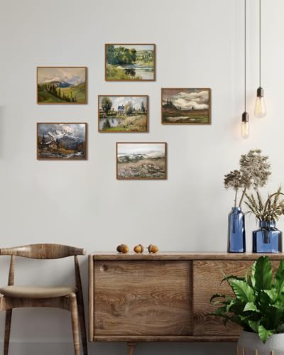 Image of KISSFOX Framed Wall Art Vintage Wall Art Hills Lake Scenery Canvas Art Countryside Pictures Landscape Paintings Neutral Artwork Farmhouse Prints For Bedroom Kitchen Living Room