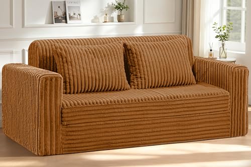 Image of HABUTWAY 78 inch Loveseat Boneless Couch, 4-in-1 Convertible Sofa Bed, Plush Fur Folding Futon Sofa Bed Couches with 2 Pillows for Living Room, High-Density Foam Support, No Assembly Required, Orange