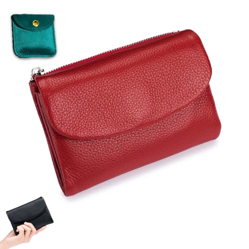 Alkyne Unisex Pebble Leather Wallet, Short Genuine Leather Purse, Small Coin Purse With Zipper, Small Womens Wallet Card Holder with Credit Card Holder, Coin Holder & Cash Slots (Red)