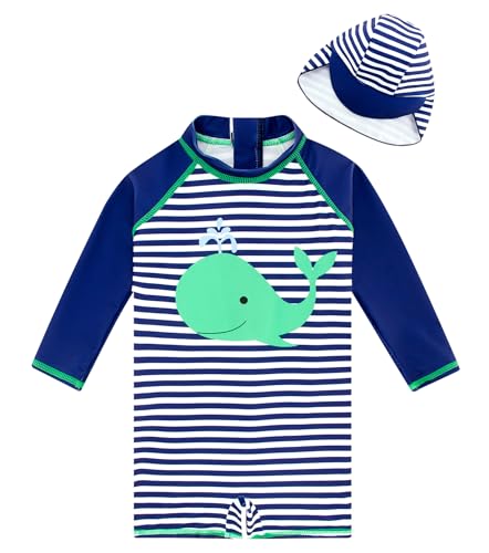 Image of uideazone Baby Boys One Piece Swimsuit Long Sleeve UPF 50+ Rash Guard Bathing Suit Swimwear with Sun Hat 3-24 Months