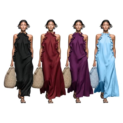 Robe longue dos nu sans manches aux volants aériens