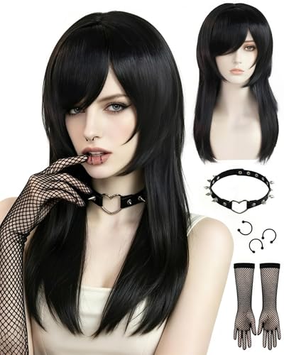 TIKJOYS 22Inch Emo Wig with Bangs 2000s Wig Long Black Scene Wigs Goth Wigs