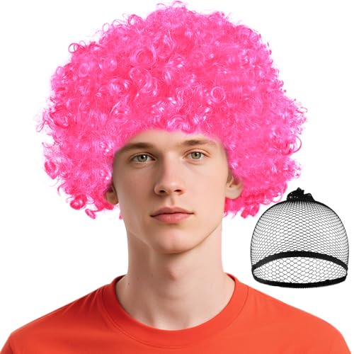 BSBUY Perruques Afro Bouclées Noir, Accessoires de Costume de Clown avec Bonnet de Perruque, Perruques de Fête, Perruque Noir de Clown