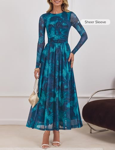 ZESICA Women's Maxi Dress 2025 Fall Long Sleeve Crewneck Floral Print Mesh Ruched Party Wedding Guest Dresses2
