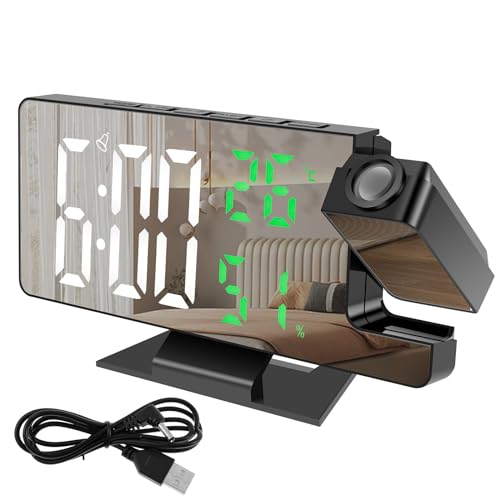Projection Alarm Clock with 180° Rotatable Projector, 4 Level Dimmable Mirror Projection Clock, Large Display Digital Projection Alarm Clocks Projection Clocks with Snooze for Home Office(white)