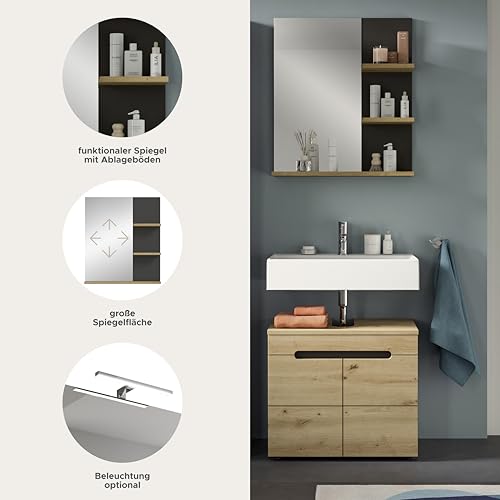 xonox.home Badezimmer Canu 2tlg. Kombination Badmöbel Set kleine Bäder Komplettprogramm Bademöbel-Set in Front + Absetzung Artisan Eiche Nb., Korpus Basalt grau Nb.