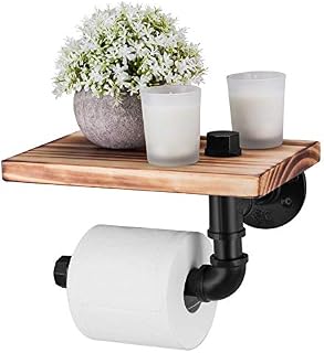 Elibbren Industrial Toilet Paper Holder with Rustic Wooden Shelf and Cast Iron Pipe