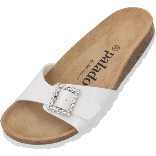 Palado Pantoletten Damen Malta SQ by Sila Sahin - elegante Sandalen Made in Spain - Hausschuhe mit Kork-Fußbett - modische Sommerschuhe Weiß UK8 - EU41