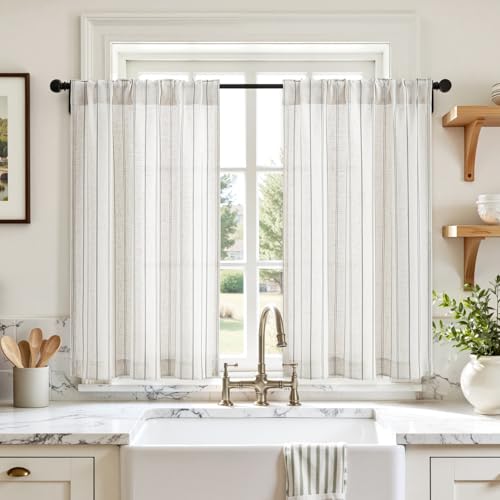 HOMEIDEAS Striped Linen Kitchen Curtains 36 inches, Boho Farmhouse Light Filtering Natural Tier Curtains Sets, Small Window Treatments for Bathroom Cafe RV 2 Panels, Taupe Grey