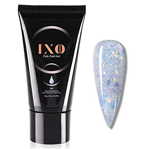 IXO Nail Extension Poly Gel Builder Gel Glitter Sky Blue Poly Gel Builder Enhancement Trendy Nail Art Design Easy DIY at Home False Nail Extension Tips Glitter Poly Nail Gel 30g