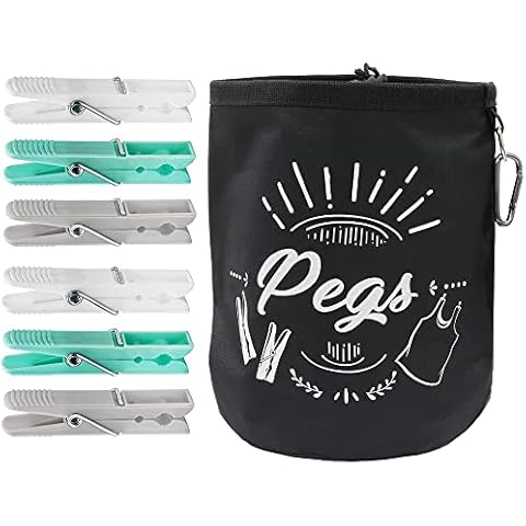 Peg Bag for Washing Line with 36 Washing Pegs Waterproof and Weatherproof for Securing up to 300 Clothes Pegs for Washing line - Peg Bags with Draw String and Snap Clip for Hanging - Black Cover