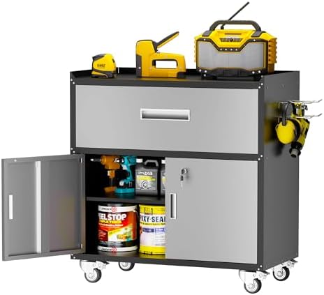 Sturdy Metal Tool Cabinet with Wheels for Garage - Black and Gray Heavy-Duty Storage with 1 Drawer and 2 Locking Doors
