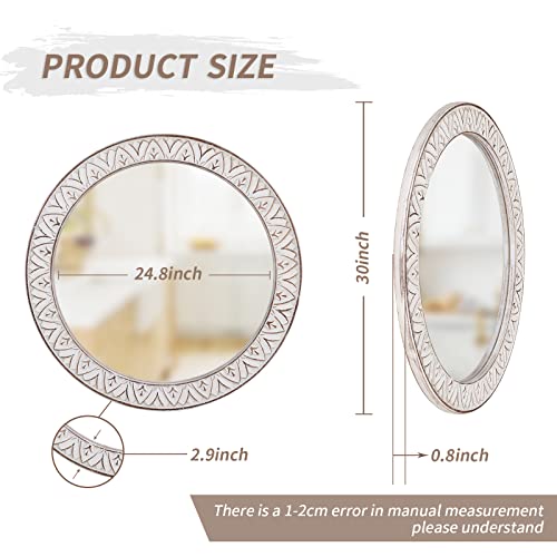 30" Round Wall Mirror, Rustic Wooden Frame Circle Mirrors, Wall Mounted Bathroom Mirror Distressed Hanging Mirrors For Living Room, Bedroom, Entryway, Fireplace, Hall #TOP5