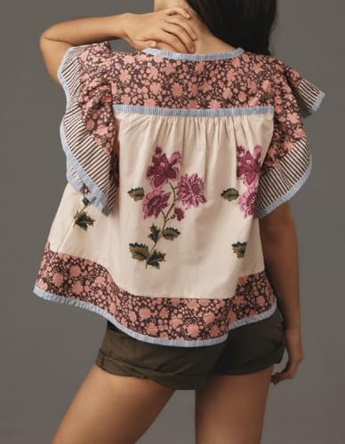 Women Boho Floral Peplum Shirt Flutter Sleeve Ruffle Babyboll Tops V Neck Patchwork Summer Coquette Blouse3