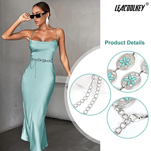 Image of LEACOOLKEY Women Turquoise Concho Chain Waist Belt Silver Western Cowgirl Metal Chain Belt for Dress Adjustable