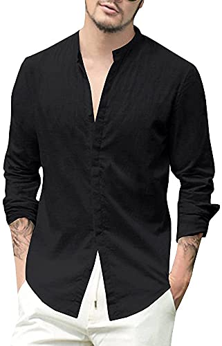 Gemijacka Camisa de lino para hombre, corte regular, de manga larga, con botones, para ocio, de lino y algodón, Button Down - Botón, color negro, XXL Cover