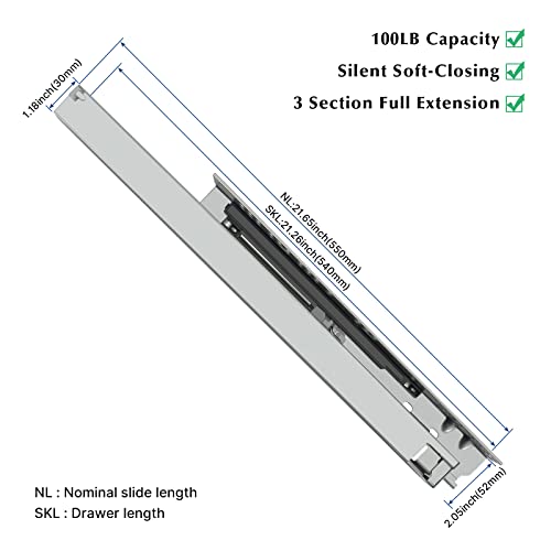 LONTAN 6 Pair 22 Inch Undermount Drawer Slides Soft